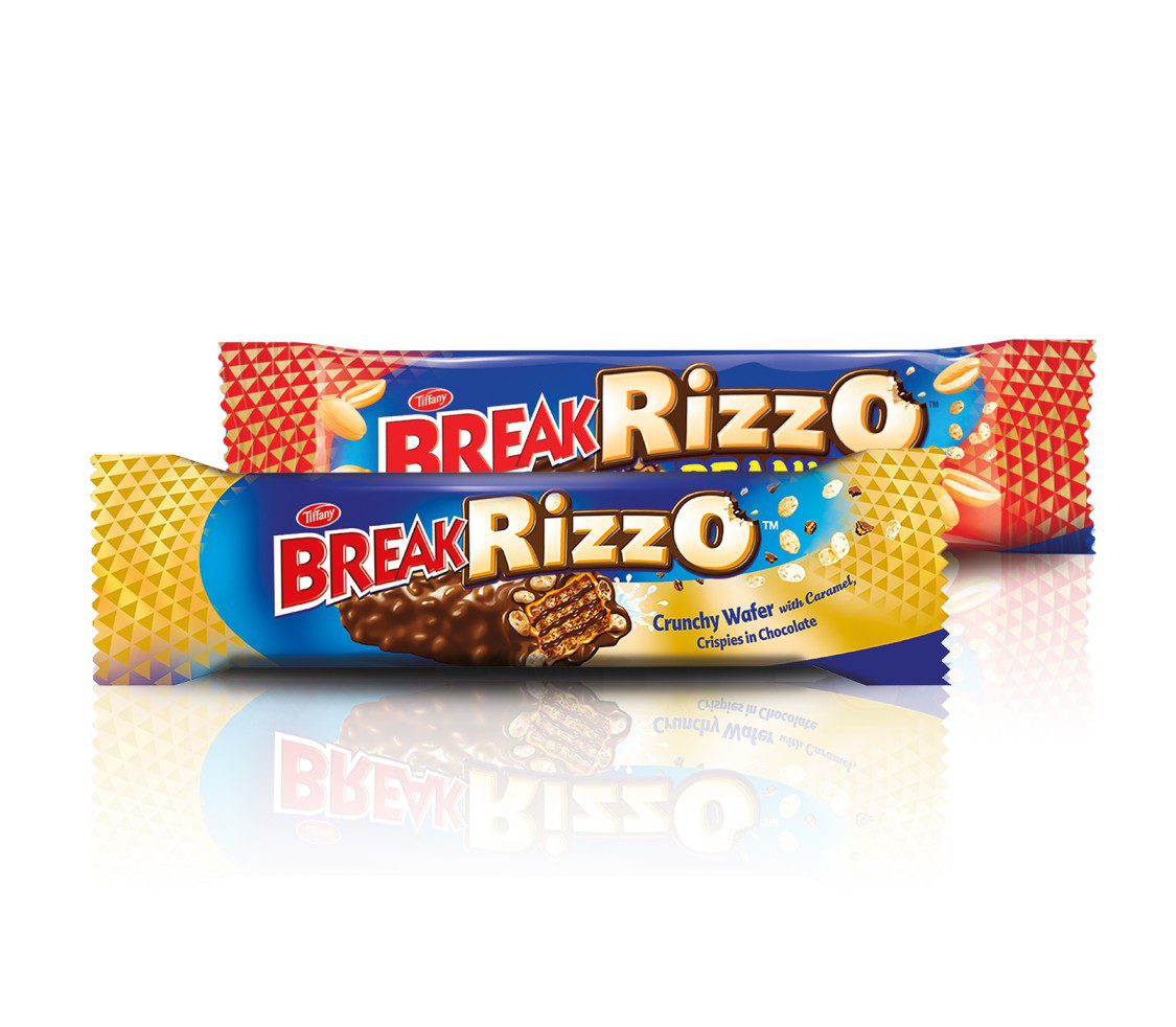 Tiffany Break Rizzo chocolate bar with crispy rice and caramel.