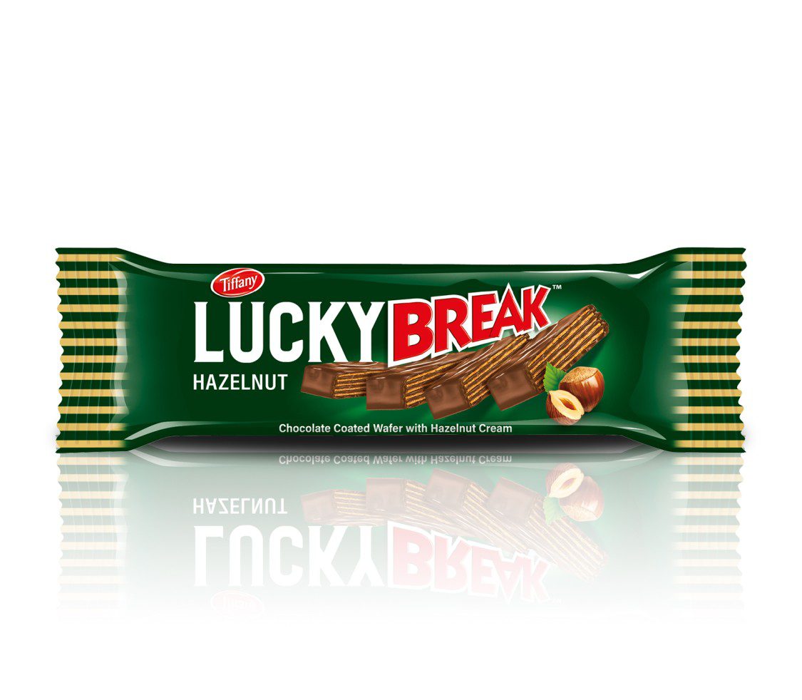 Tiffany Lucky Break hazelnut chocolate wafer bar in purple packaging, featuring a crispy wafer dipped in milk chocolate and hazelnut cream.