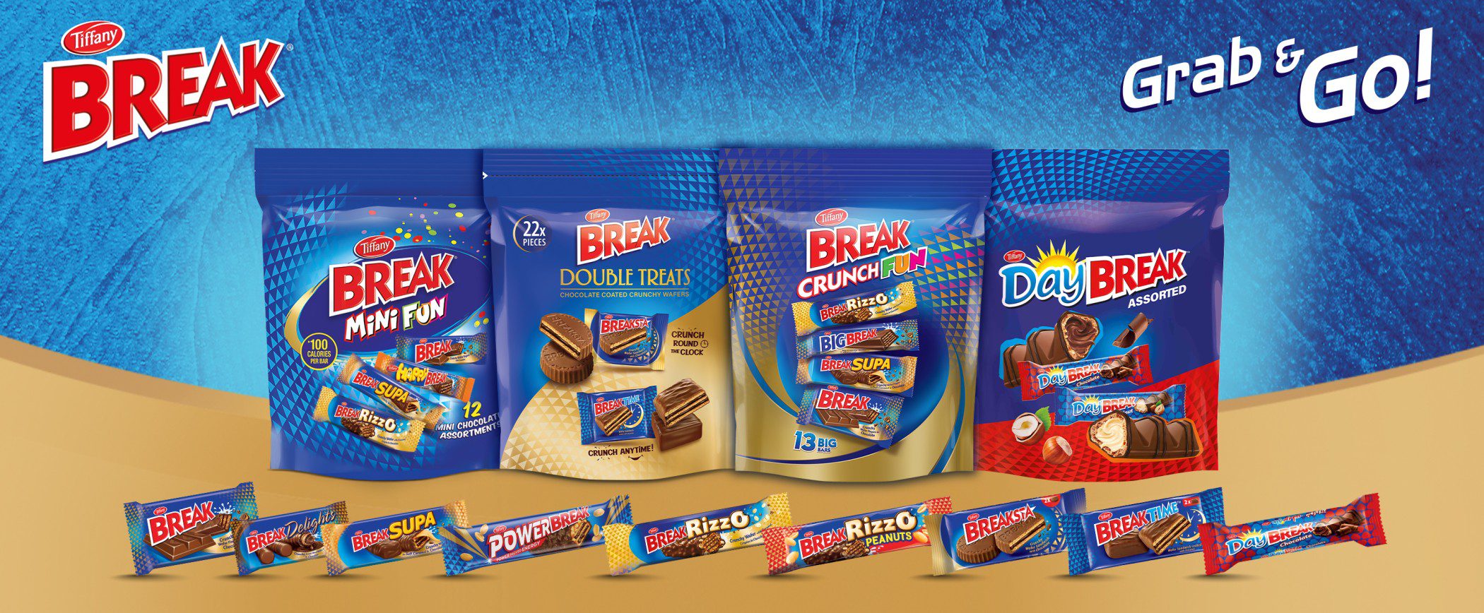 Tiffany Break product variety including Double Treats, Mini Fun, Daybreak, and assorted chocolate wafer bars