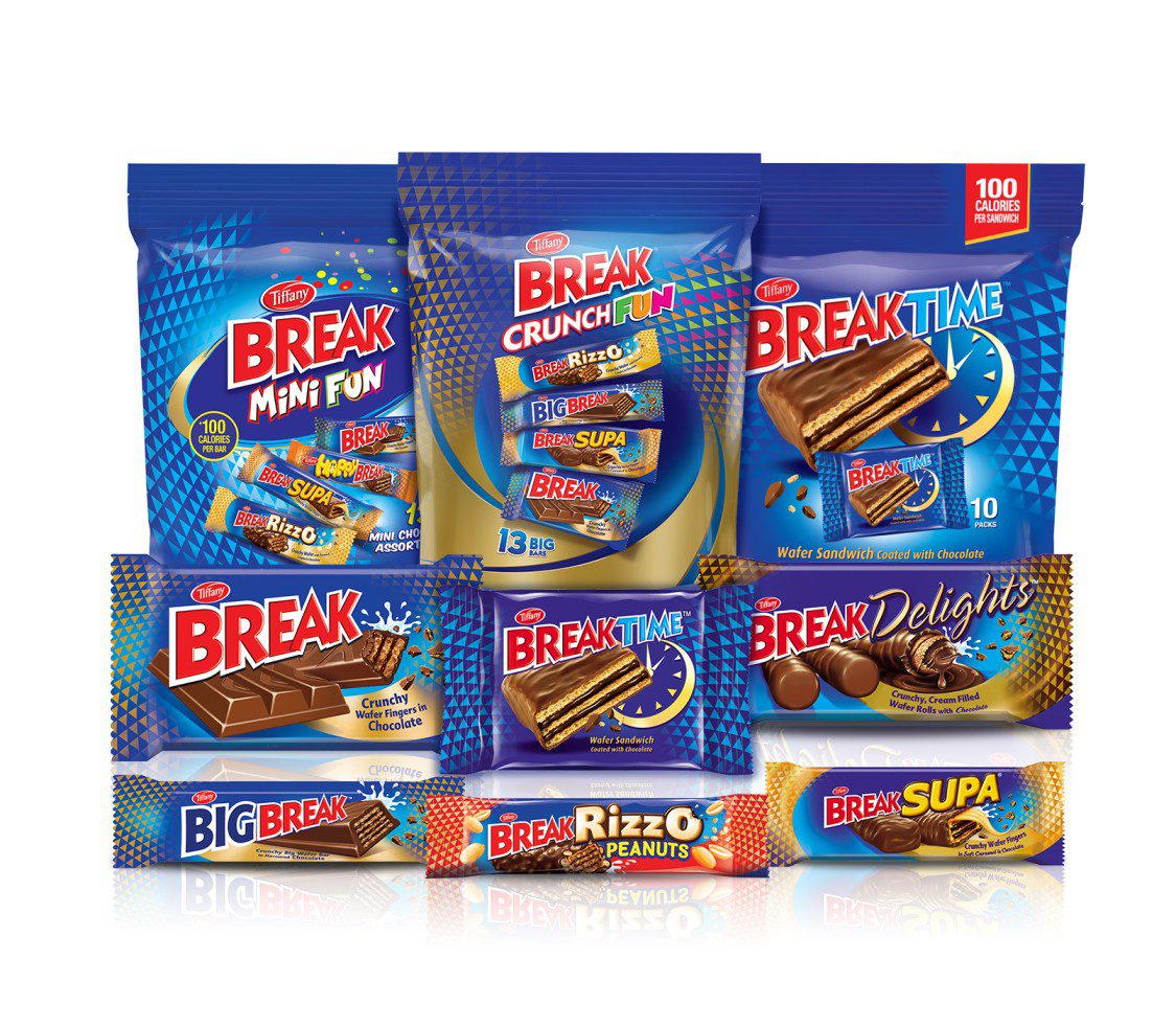 Tiffany Break chocolate product range including Break Rizzo, Big Break, Supa, Delights, and Break Time wafer bars.